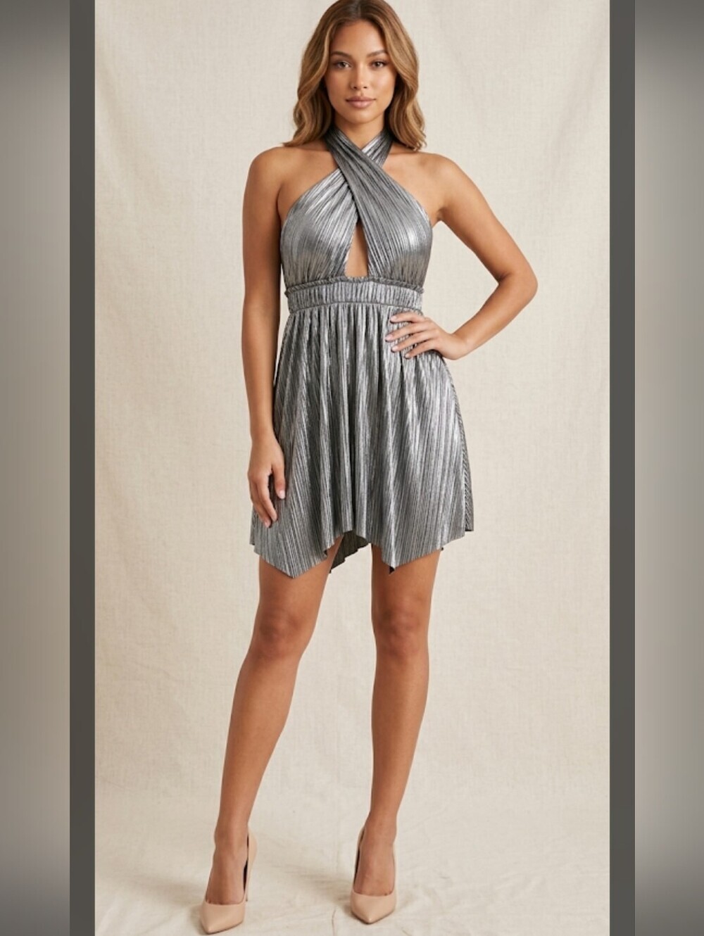 L’ATISTE Silver Metallic Cross Front Halter Mini Dress M NWOT